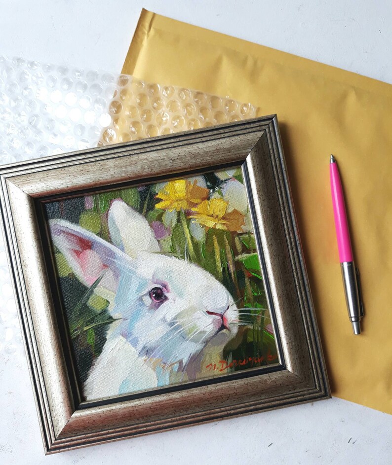 White Rabbit Bunny Mini Painting in Frame 6x6 Rabbit Wall Art Etsy Canada