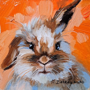 Cute rabbit painting original oil framed 4x4, Small framed artwork rabbit man wall art, Bunny illustration art gift for friend