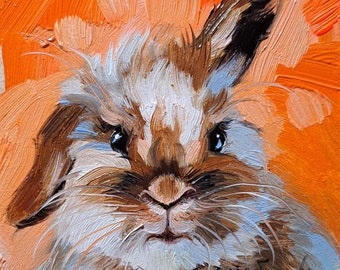 Lapin mignon peinture originale à l’huile encadrée 4 x 4, petite œuvre encadrée lapin homme art mural, lapin illustration art cadeau pour un ami