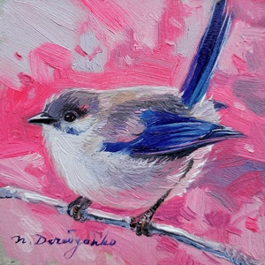 Small oil painting original Bird painting 4x4, Blue bird picture frame Fairy-wren bird artwork, Small frame art bird gift idea