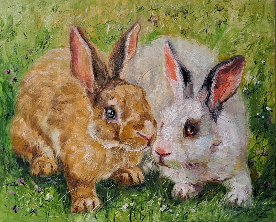 Two Rabbits Animal Oil Painting Art Bunny Portrait, Custom Pet Portrait ...