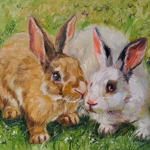 Two Rabbits animal oil painting art Bunny portrait, Custom pet portrait from photo on canvas, Easter gift Nursery wall art