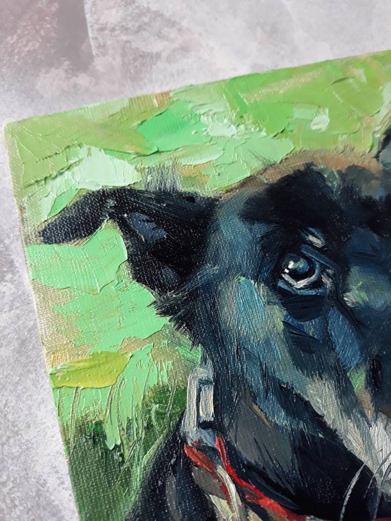 Custom pet portrait, Black dog in green custom painting, Dog portrait to order, Customized art dog, Dog lovers memorial gift for owners image 8