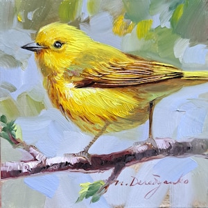 Yellow warbler bird painting original, Miniature paintings 4x4 birds wall art, Small paintings framed art yellow tiny Birthday Gift for her