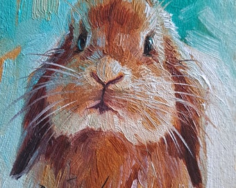 Lapin mignon peignant à l'huile originale 4 x 4, petite oeuvre d'art encadrée de lapin, cadeau d'art d'illustration de lapin pour un ami