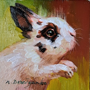 Lapin peinture à l’huile originale encadrée 4 x 4, portrait animalier personnalisé, petit art encadré lapin blanc et noir oeuvre, cadre photo cadeaux enseignant