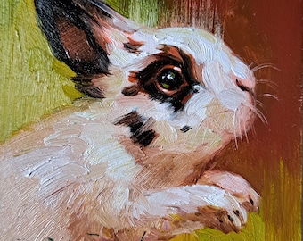 Bunny painting original oil framed 4x4, Custom pet portrait, Small framed art white and black rabbit artwork, Teacher gifts picture frame