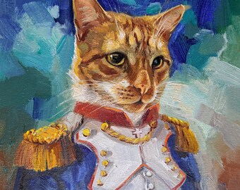 Regal militare gatto dipinto originale su tela, ritratto Custom, Vintage memorial ritratto gatto da regalo foto per lei per lui