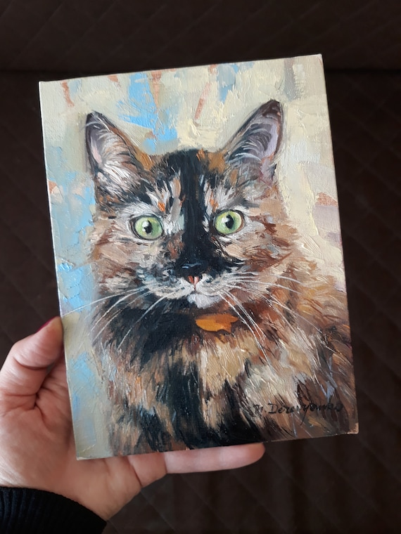 Original cat painting 8x6 in oil on canvas Brown marble cat portrait to order from photo Custom pet portrait Cat lover gift