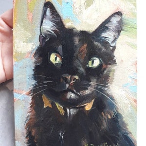 Curiose custom Black cat portrait, Cat original painting canvas oil, Lucky black cat wall art Miniature pet painting 8x6, Personalized cat image 9