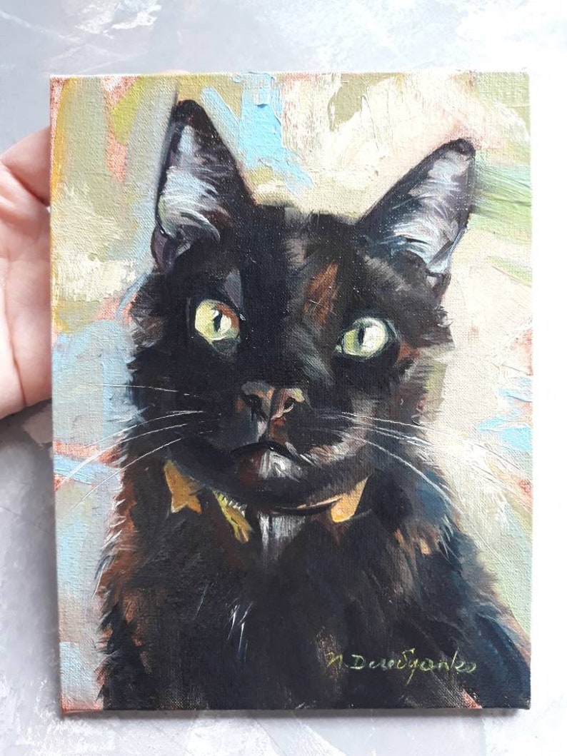 Curiose custom Black cat portrait, Cat original painting canvas oil, Lucky black cat wall art Miniature pet painting 8x6, Personalized cat image 9