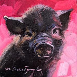 Pig Painting Original Framed 4x4, Small Oil Painting Hot Pink Pig Artwork, Bunny Pet Painting Portrait for Nursery