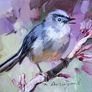 Bird painting original in frame, Miniature small oil painting 4x4 bird art gift for mom, Small art frame bird on brunch