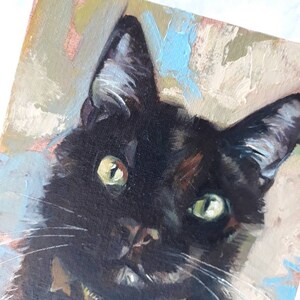 Curiose custom Black cat portrait, Cat original painting canvas oil, Lucky black cat wall art Miniature pet painting 8x6, Personalized cat image 2