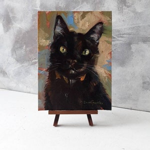 Curiose custom Black cat portrait, Cat original painting canvas oil, Lucky black cat wall art Miniature pet painting 8x6, Personalized cat image 5