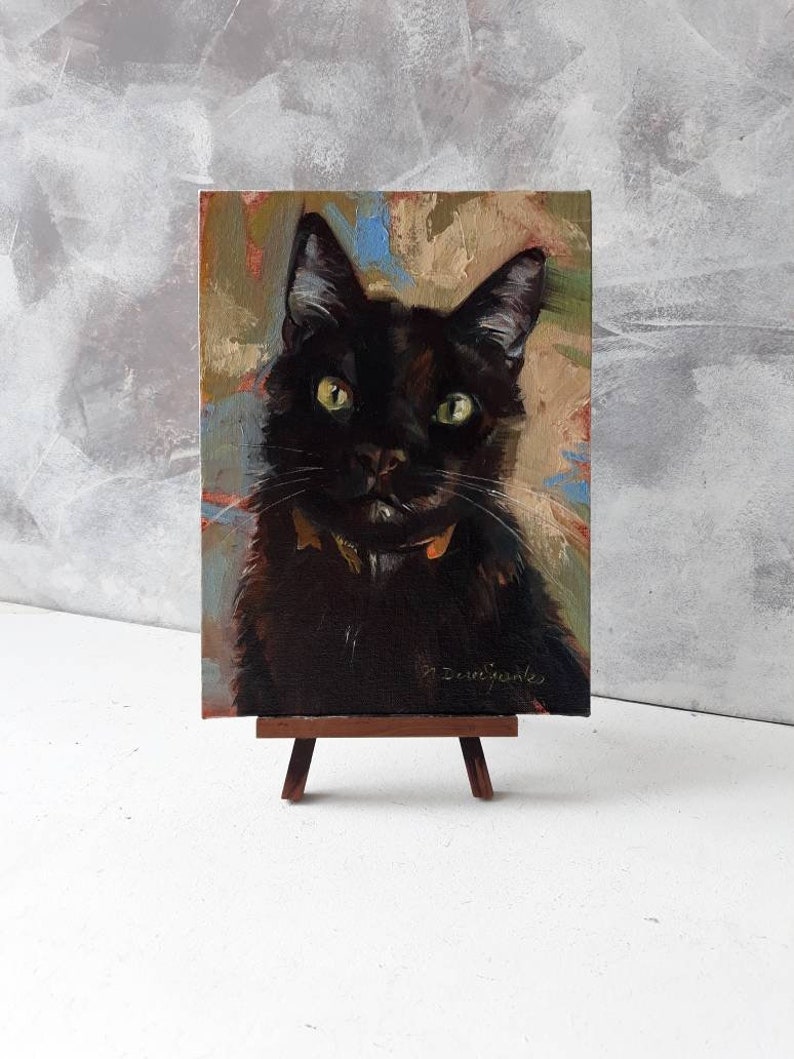 Curiose custom Black cat portrait, Cat original painting canvas oil, Lucky black cat wall art Miniature pet painting 8x6, Personalized cat image 5