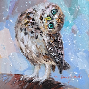 Owl art oil framed small bird painting original in frame, Bird wall art framed artwork teacher appreciation gift