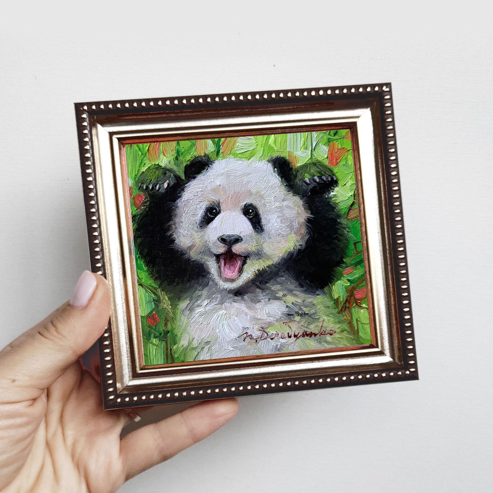 Panda Painting Oil Original 4x4 Inch Frame, Small Oil Painting Framed ...