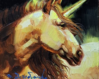 Pintura al óleo animal unicornio original, pintura al óleo en miniatura 4x4 obra de arte enmarcada, regalo de arte de caballo dorado