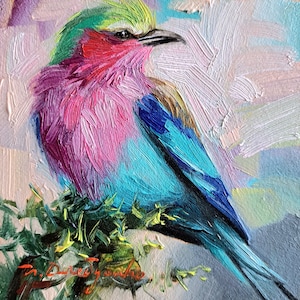 Petit tableau original de peinture d'oiseau 4 x 4 encadré, art mural d'oiseau de rouleau à poitrine lilas mini meilleur cadeau d'ami