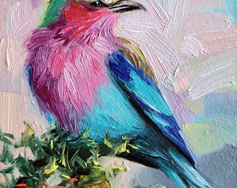 Bird painting original 4x4 small art framed, Lilac-breasted Roller bird wall art mini Best friend gift