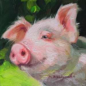 Pink pig artwork oil painting original small art framed 4x4, Custom pet portrait, Nursery wall art piggy lover gift