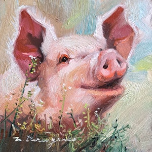 Pig artwork oil painting original small art framed 4x4, Custom pet portrait, Nursery wall art piggy lover gift