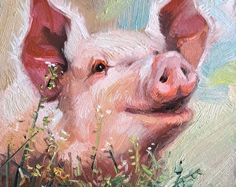 Pig artwork oil painting original small art framed 4x4, Custom pet portrait, Nursery wall art piggy lover gift