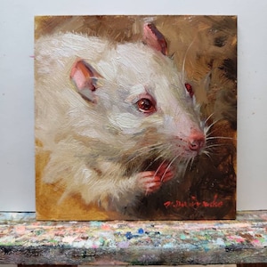Rat art painting small original 5x5 Chinese New Year, Miniature Gift 4x4, Gold framed rat picture Custom Pet Portrait image 2