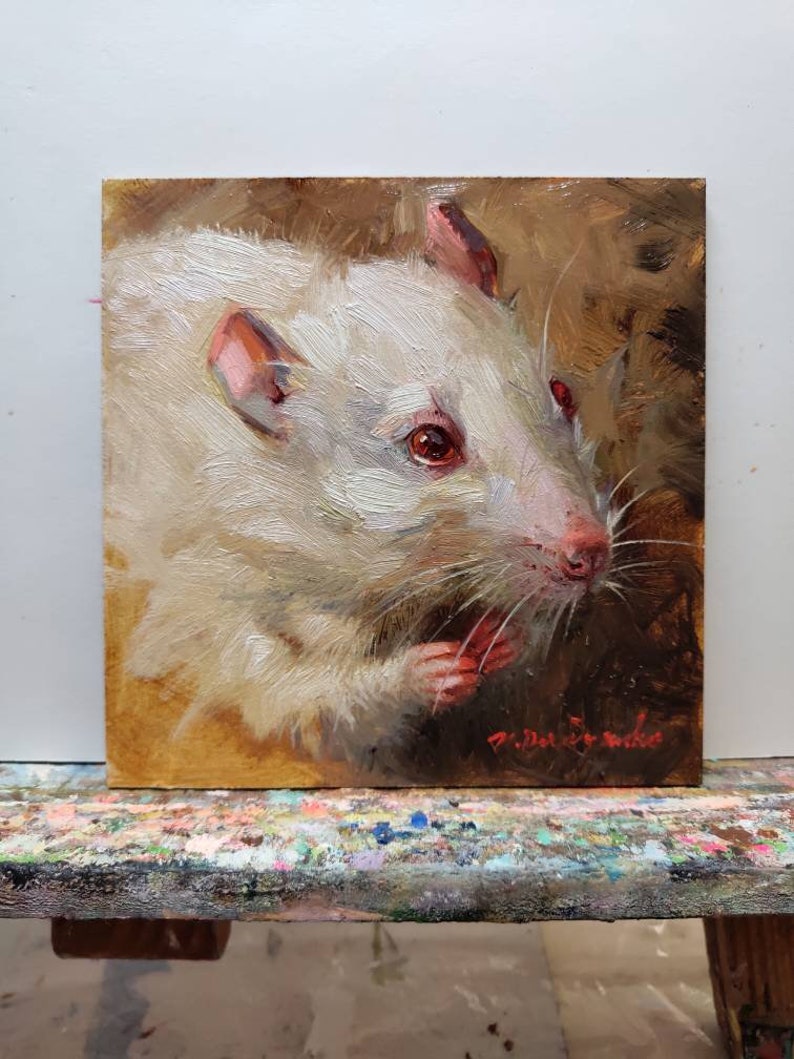 Rat art painting small original 5x5 Chinese New Year, Miniature Gift 4x4, Gold framed rat picture Custom Pet Portrait image 2