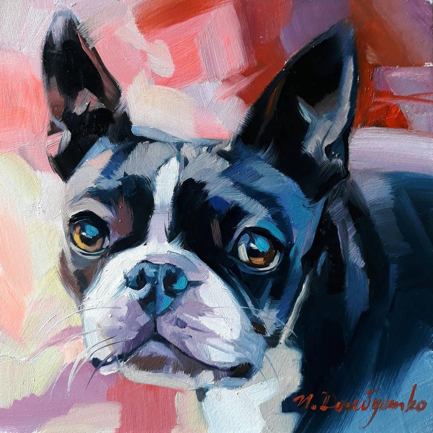 Tableau Toile Boston Terrier Abstrait - Art Mural Coloré, Prêt à Accrocher