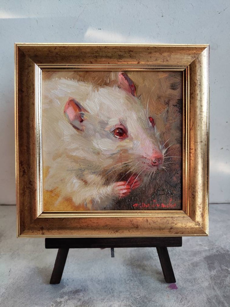 Rat art painting small original 5x5 Chinese New Year, Miniature Gift 4x4, Gold framed rat picture Custom Pet Portrait image 8