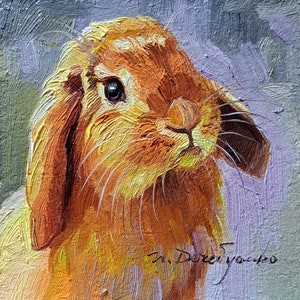 Cute rabbit painting original oil framed 4x4, Small framed artwork rabbit man wall art, Bunny illustration art gift for friend