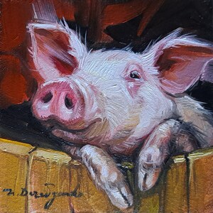 Pink pig artwork oil painting original small art framed 4x4, Custom pet portrait, Nursery wall art piggy lover gift