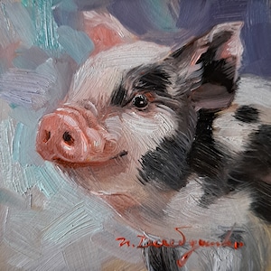 Pig oil painting original mini artwork framed 4x4, Custom pet portrait, Pig art portrait wall art piggy Boyfriend just because gift