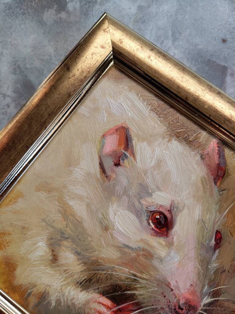 Rat art painting small original 5x5 Chinese New Year, Miniature Gift 4x4, Gold framed rat picture Custom Pet Portrait image 3