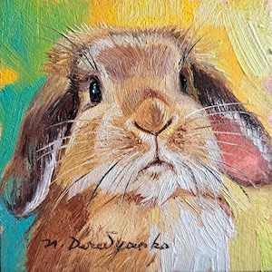 Cute rabbit painting original oil framed 4x4, Small framed art rabbit artwork, Bunny illustration art gift for friend