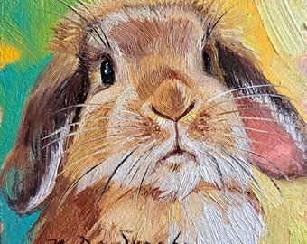 Lapin mignon peignant à l'huile originale 4 x 4, petite oeuvre d'art encadrée de lapin, cadeau d'art d'illustration de lapin pour un ami