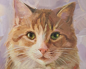 Custom pet portrait cat painting original oil framed 4x4, Small framed art cat artwork, Red Cat portrait from photo gift for owner