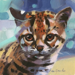 Mini peinture d'art de chat sauvage, peinture originale de miniatures, portrait d'Ocelot