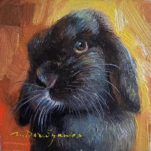 Custom pet portrait rabbit painting original oil framed 4x4, Small framed art rabbit black artwork, Bunny illustration art gift for friend