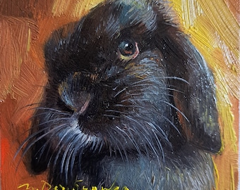 Custom pet portrait rabbit painting original oil framed 4x4, Small framed art rabbit black artwork, Bunny illustration art gift for friend