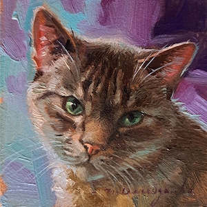 Custom pet portrait cat painting original oil framed 4x4, Small framed art cat beige artwork, Cat portrait from photo gift for owner