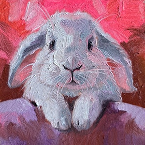 Bunny painting original oil framed 4x4, Small framed art white rabbit artwork pink background - Enjoi the little things