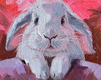 Bunny painting original oil framed 4x4, Small framed art white rabbit artwork pink background - Enjoi the little things