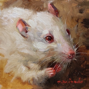 Rat art painting small original 5x5 Chinese New Year, Miniature Gift 4x4, Gold framed rat picture Custom Pet Portrait image 1