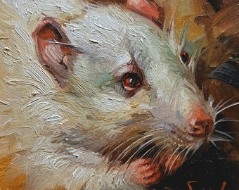 White rat painting original framed 4x4, Small animal painting framed artwork, Pet painting birthday gift
