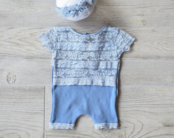 Blue Newborn Romper, Newborn Romper w/ Matching Headband, RTS Outfit