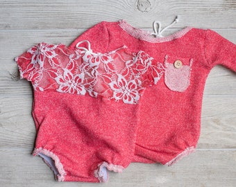 Newborn Knit Romper, Short Sleeve Newborn Romper with Lace Detail, Long Sleeve Newborn Romper with Pocket, Twin Outfits