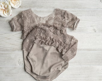 Handmade Brown Lace Newborn Romper, Sitter Outfit